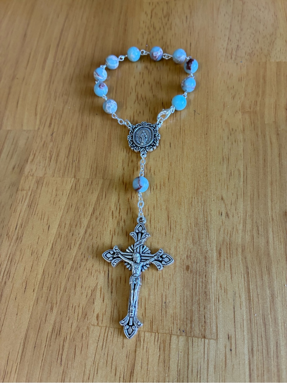Light Blue Beaded Rosary Bracelet with Silver Crucifix